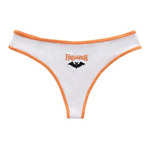 White ribbed thong with orange binding and Halloween lettering above a black bat motif.