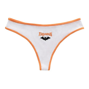 White ribbed thong with orange binding and Halloween lettering above a black bat motif.
