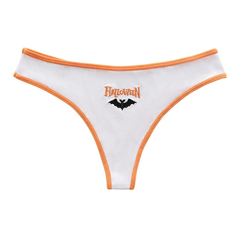 White ribbed thong with orange binding and Halloween lettering above a black bat motif.