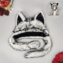 White gothic cat ear hat with black-tipped plush texture, contrasting inner ears and a cross ornament.