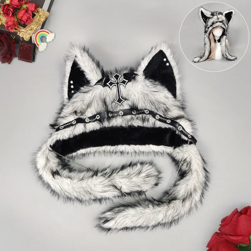 White gothic cat ear hat with black-tipped plush texture, contrasting inner ears and a cross ornament.