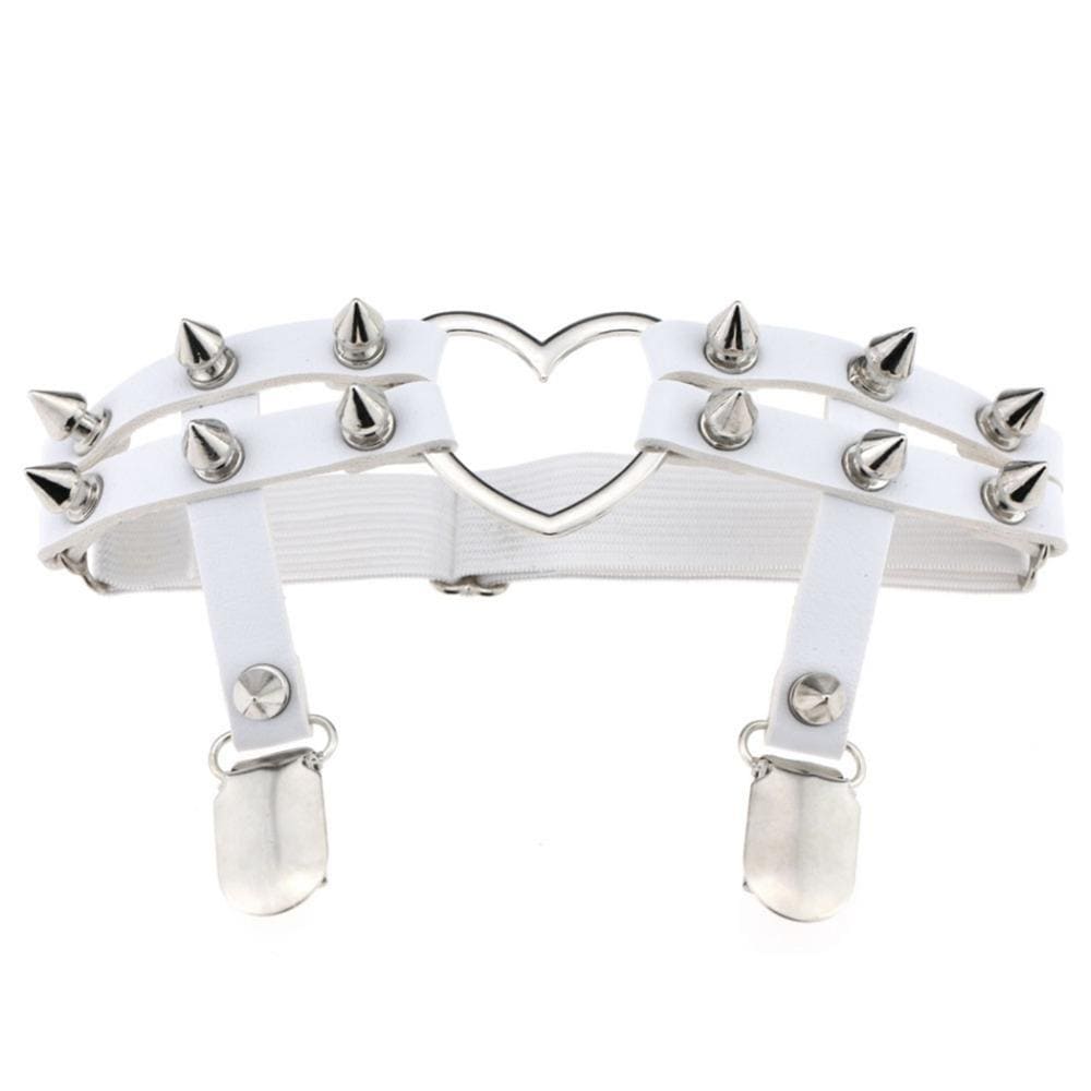 White double-strap thigh garter with silver-tone cone spikes and an open heart ring, with two matching straps and stocking clips below.