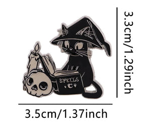 Witch cat spellbook enamel pin measurement guide showing 3.5 cm width and 3.3 cm height