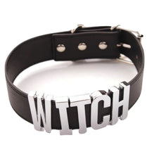 Black vegan leather choker necklace with bold silver metallic witch lettering witch collar accessory