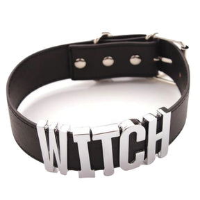Black vegan leather choker necklace with bold silver metallic witch lettering witch collar accessory