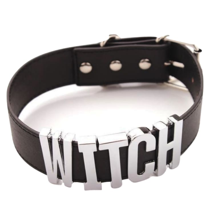 Black vegan leather choker necklace with bold silver metallic witch lettering witch collar accessory