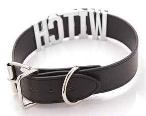 Black vegan leather witch collar choker necklace with silver buckle and bold 3d witch lettering