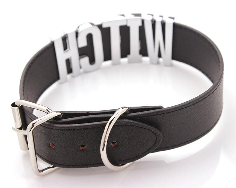 Black vegan leather witch collar choker necklace with silver buckle and bold 3d witch lettering