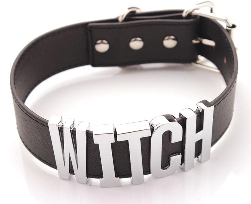 Black vegan leather choker necklace with bold silver metallic witch lettering centerpiece witch collar