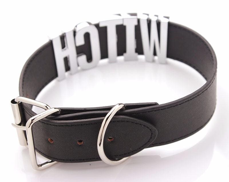 Black vegan leather witch collar choker necklace with silver buckle and bold witch lettering in uppercase font
