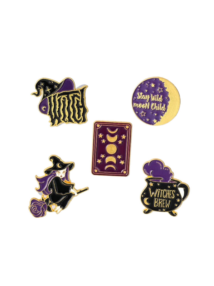 The complete five-piece witchery enamel pin set isolated on white, including the witch on a broom, hat, cauldron and two lunar designs.