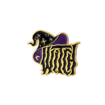 Black WITCH lettering beneath a purple and black pointed hat, outlined in gold tone with tiny star and crescent details.