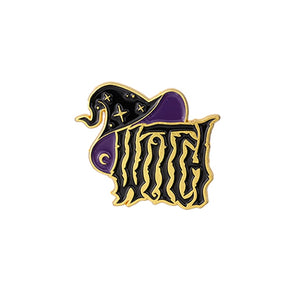 Black WITCH lettering beneath a purple and black pointed hat, outlined in gold tone with tiny star and crescent details.