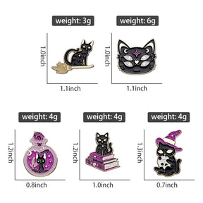 Measurement guide showing the height, width and weight of all five black cat pin designs, including spellbooks, a potion bottle, a broom and a witch hat.