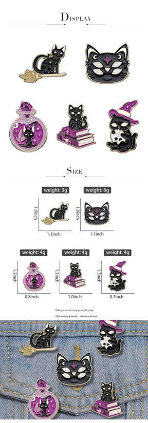Tall guide displaying five witchy cat pin designs, their measurements and weights, followed by a group photo on denim.