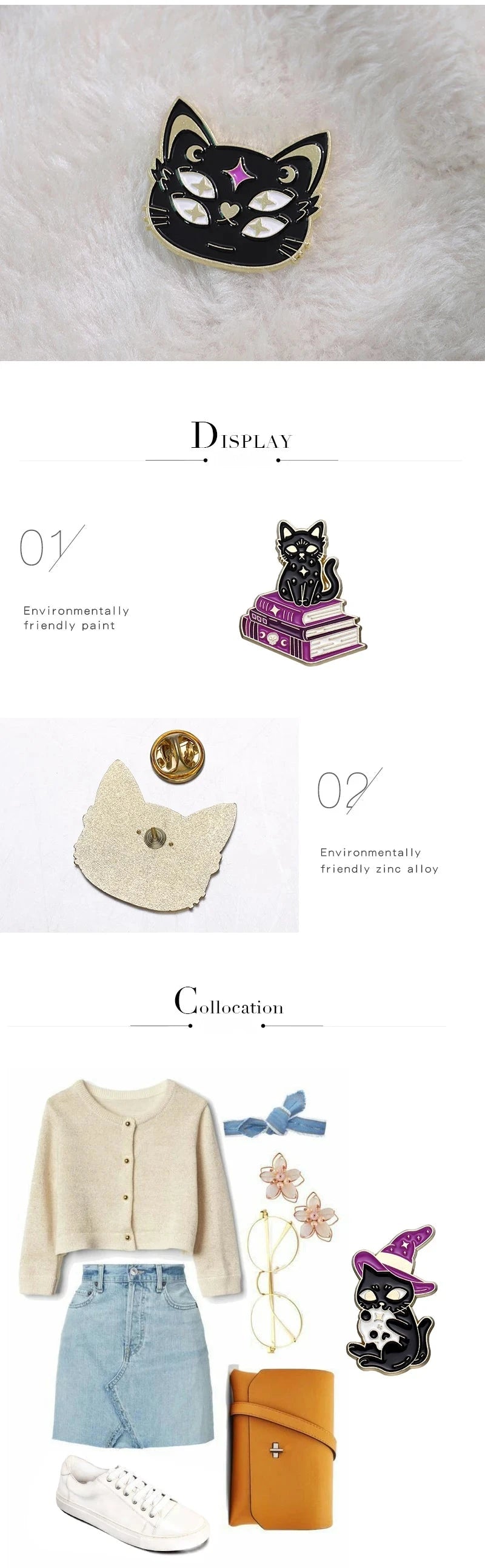 Tall collage showing a four-eyed cat pin, spellbook cat, pin post and gold-tone backing, plus a witch-hat pin beside an outfit suggestion.
