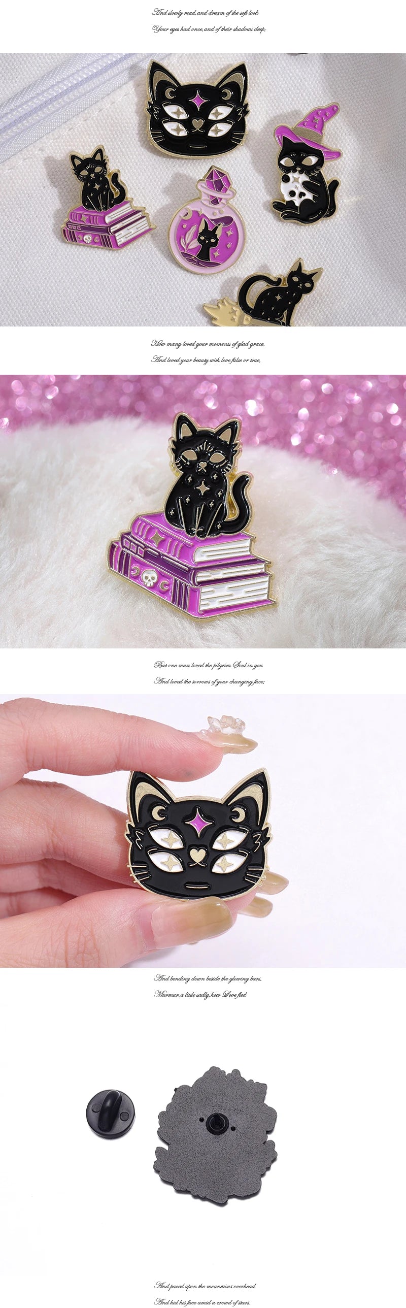Photo collage of witchy black cat pins on pale fabric and pink glitter, with a spellbook cat close-up, a four-eyed face held in a hand and a pin-backing detail.