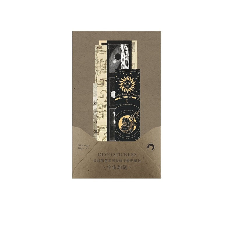 Brown-grey sticker packet showing dark celestial strips with sun, moon and astronomical-style illustrations.