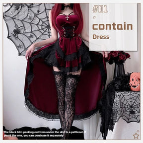 Burgundy dress-only option with front eyelet lacing and lace-trimmed hem; petticoat and styling accessories sold separately.