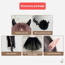 Separate gothic accessory set with horn headwear, neck accessory, socks, elf ears and a size L petticoat about 30 cm long.