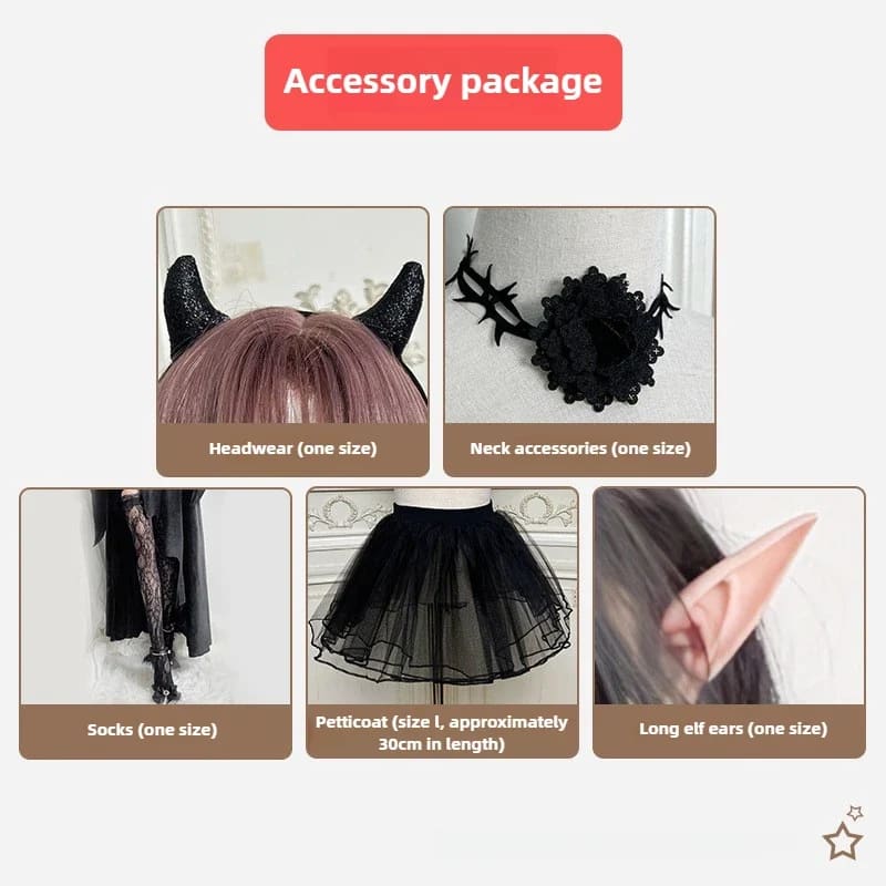 Separate gothic accessory set with horn headwear, neck accessory, socks, elf ears and a size L petticoat about 30 cm long.