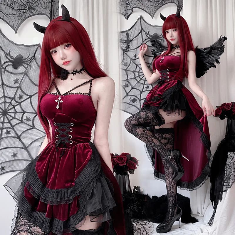 Burgundy gothic high-low dress in close-up and full-length views, showing front lacing, narrow straps and black lace trim.