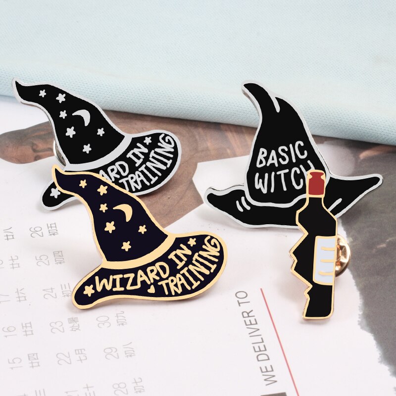 Witch Hat Badges Pins Goth Dark Wizard Magic Book Skeleton Apple