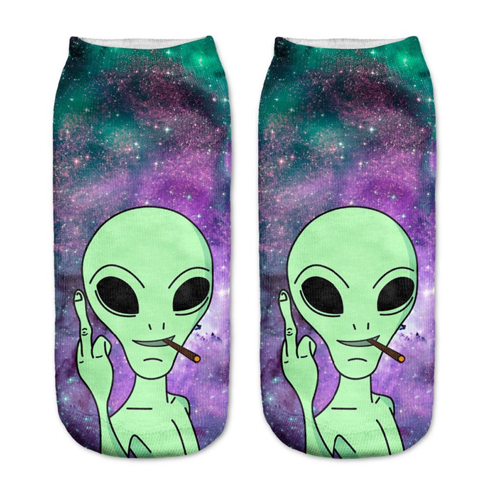 Purple and green galaxy-print socks with a green alien holding a cigarette and raising a middle finger.