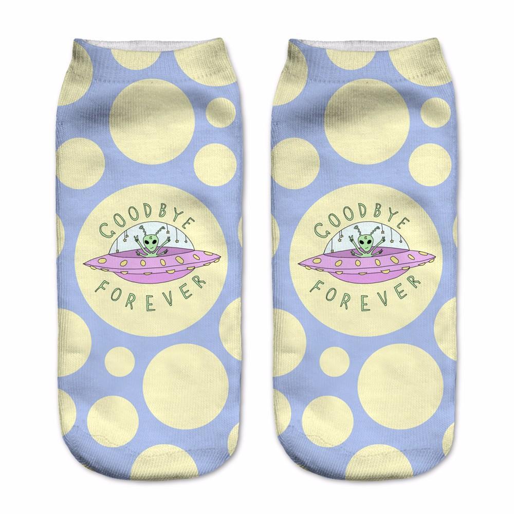 Blue socks with large yellow dots and a pink flying saucer, surrounded by the words Goodbye Forever.