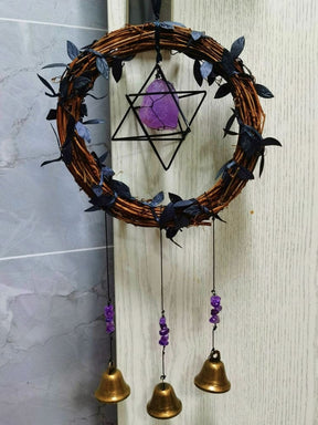 Amethyst Merkaba wreath chimes full hanging view