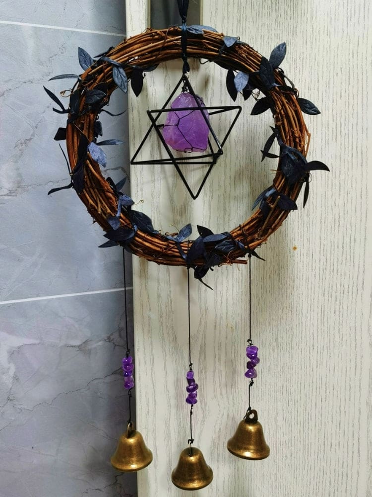 Amethyst Merkaba wreath chimes full hanging view