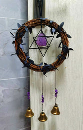 Twig wreath and three bell strands full view