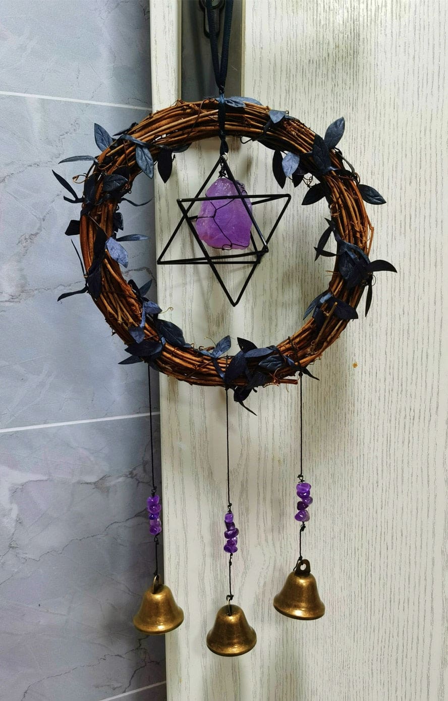 Twig wreath and three bell strands full view
