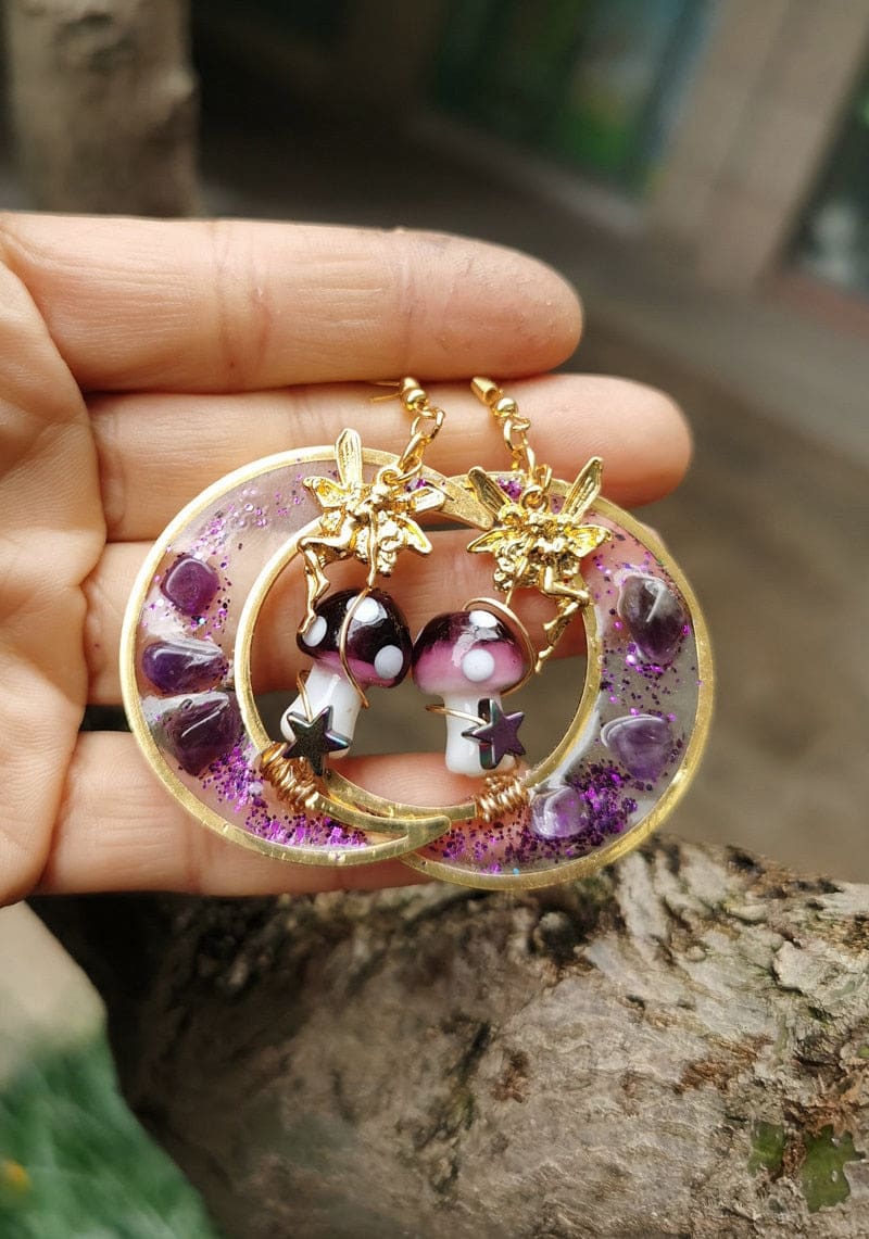 Amethyst Mushroom Fae Earrings - earrings