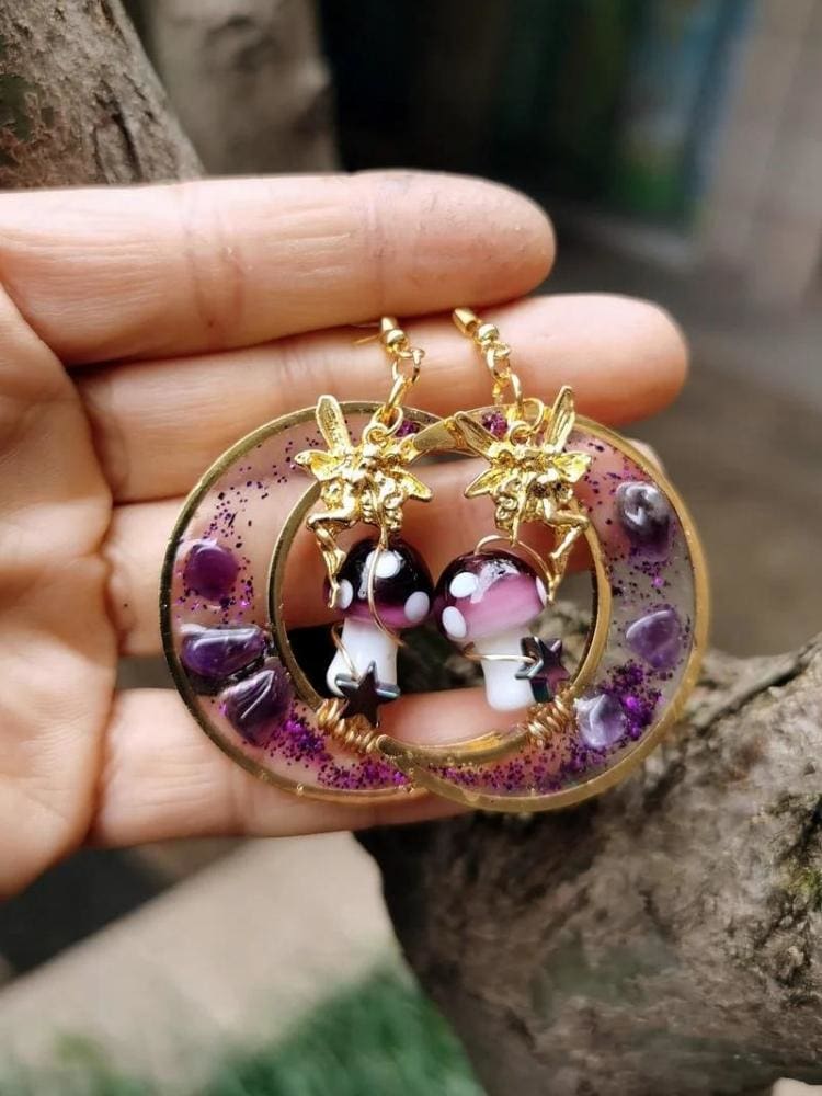 Amethyst Mushroom Fae Earrings - earrings