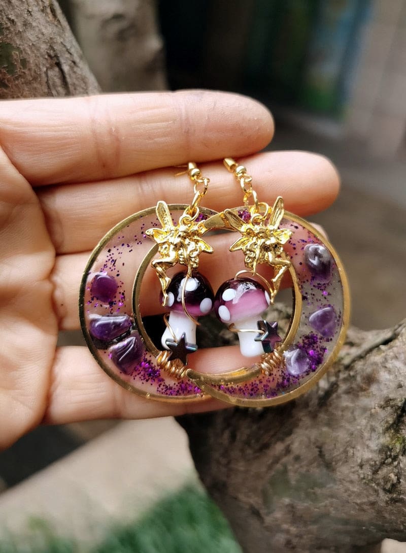 Amethyst Mushroom Fae Earrings - earrings