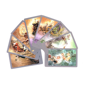 Tarot cards fanned out to reveal warm gold, green and violet illustrated scenes within narrow borders.
