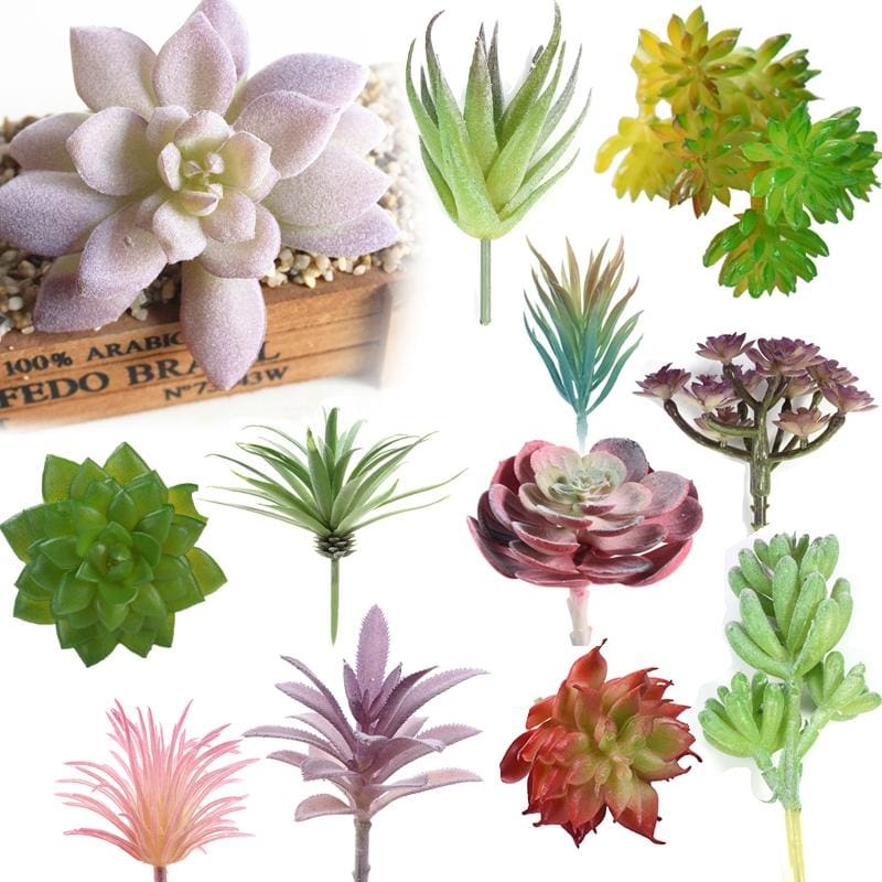 Collage of colourful artificial succulent picks, showing rosettes, narrow-leaf sprigs and clustered branches in green, pink, purple and red.