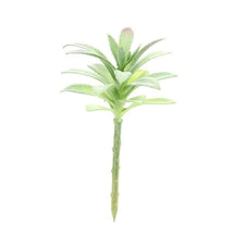 Green artificial succulent with overlapping layered leaves on a short stem.
