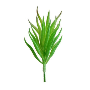 Green artificial succulent sprig with narrow leaves spaced along a long stem.