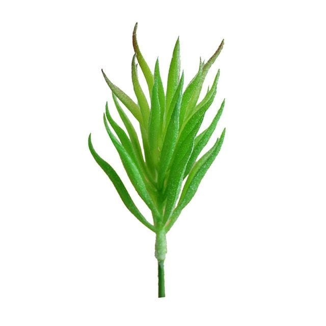 Green artificial succulent sprig with narrow leaves spaced along a long stem.