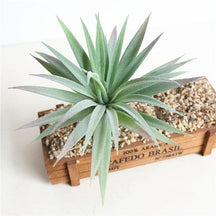 Green artificial succulent with narrow pointed leaves and a spiky rosette shape.