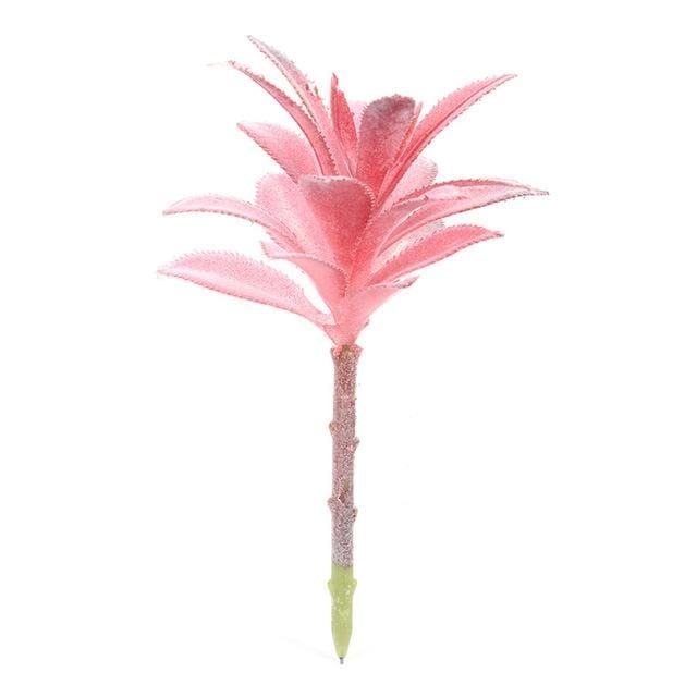 Pink artificial succulent with stacked overlapping leaves in a compact branching shape.