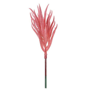 Pink artificial succulent sprig with slender pointed leaves along its stem.