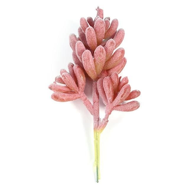 Pink artificial succulent branch with rounded leaves clustered at the tips.