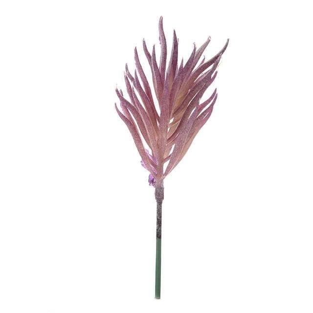 Purple artificial succulent sprig with narrow leaves along a slender stem.