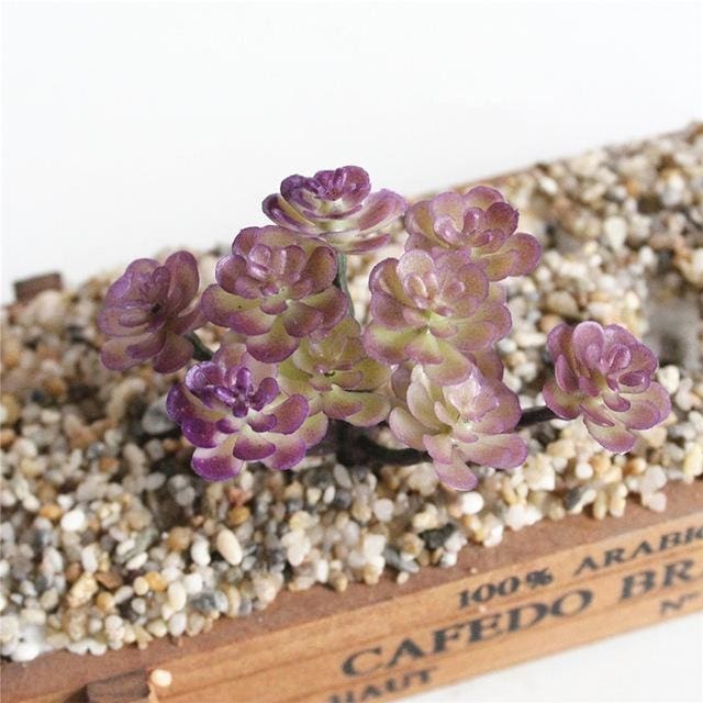 Purple artificial succulent branch with several small rosettes at its tips.