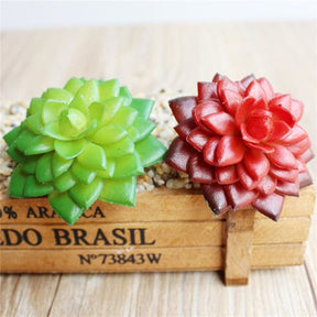 Red and lime-green artificial succulent rosettes paired to show their glossy rounded leaves.