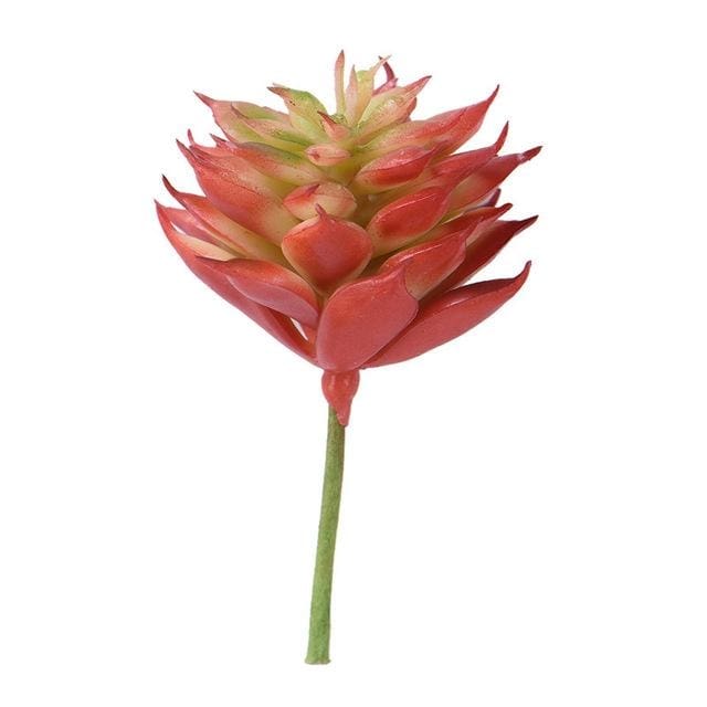 Red artificial succulent with pointed leaves arranged in a layered rosette.