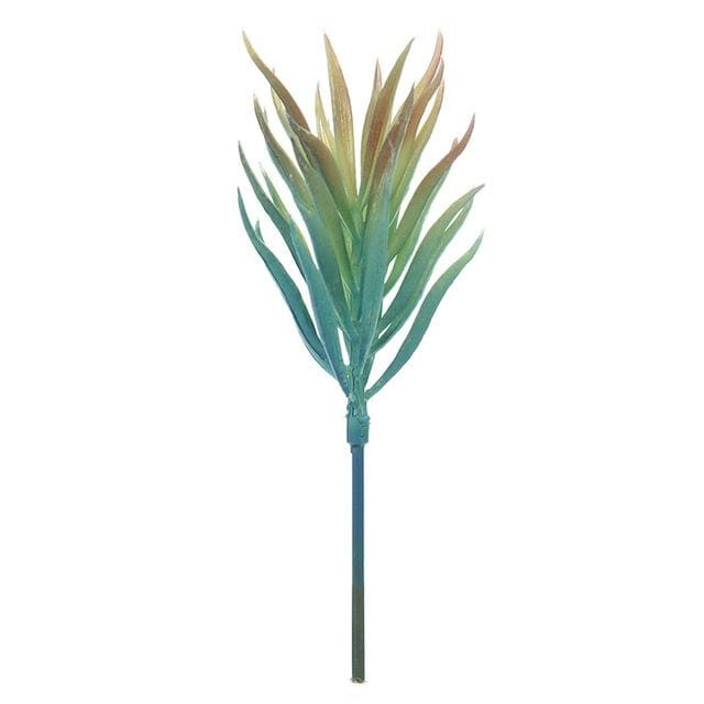 Teal artificial succulent sprig with narrow leaves along a slender stem.